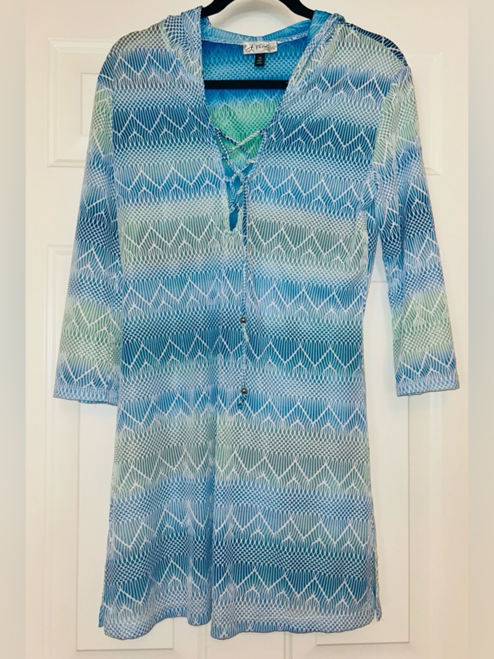J Valdi Swimsuit Cover-Up Tunic M Blue Green Hooded Lightweight Beach Coastal